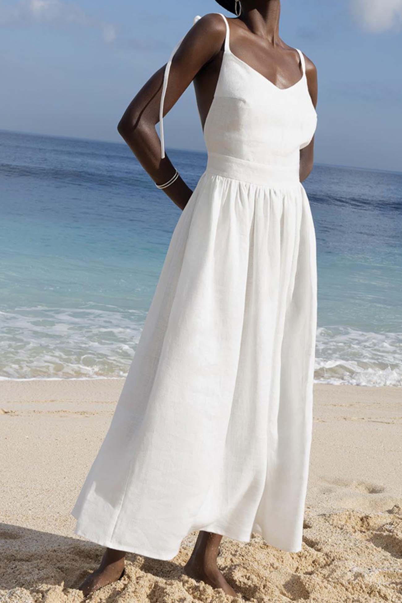 V Neck Backless Tie Shoulder Midi Dress