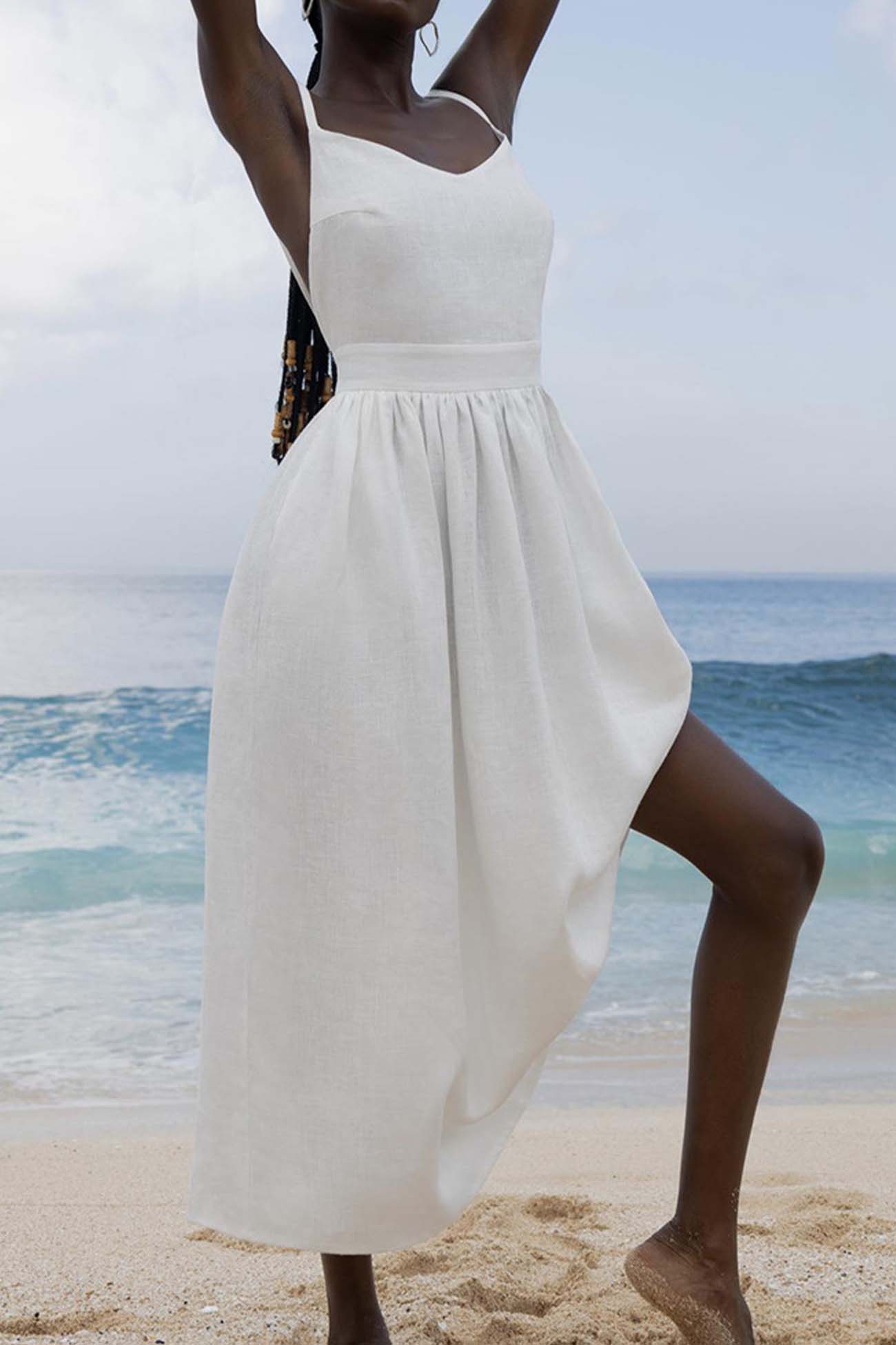 V Neck Backless Tie Shoulder Midi Dress
