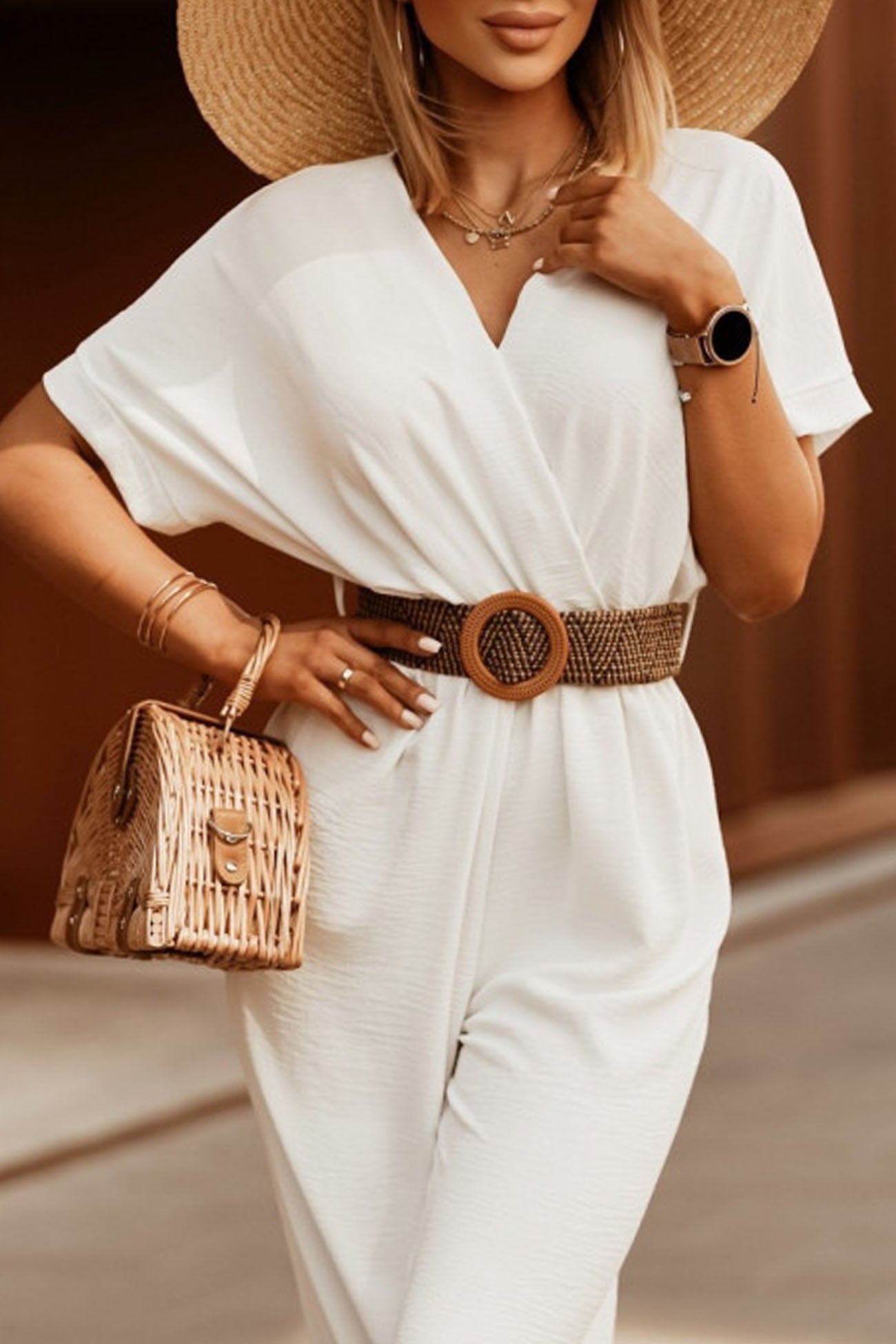 V Neck Batwing Sleeve Waist Tie Jumpsuits - Fashionpara