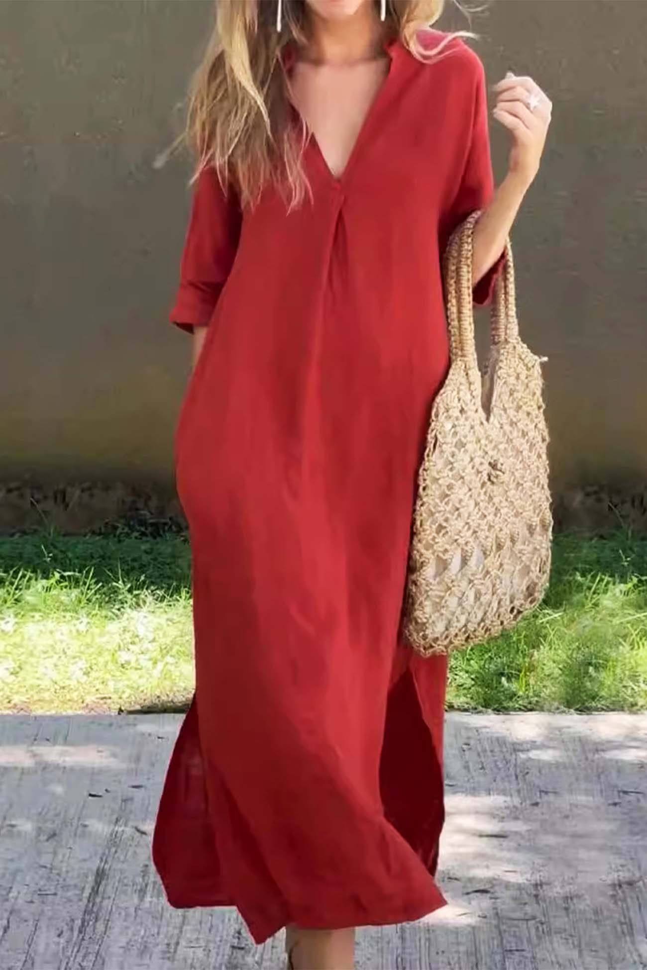 V Neck Half Sleeve Slit Midi Dress