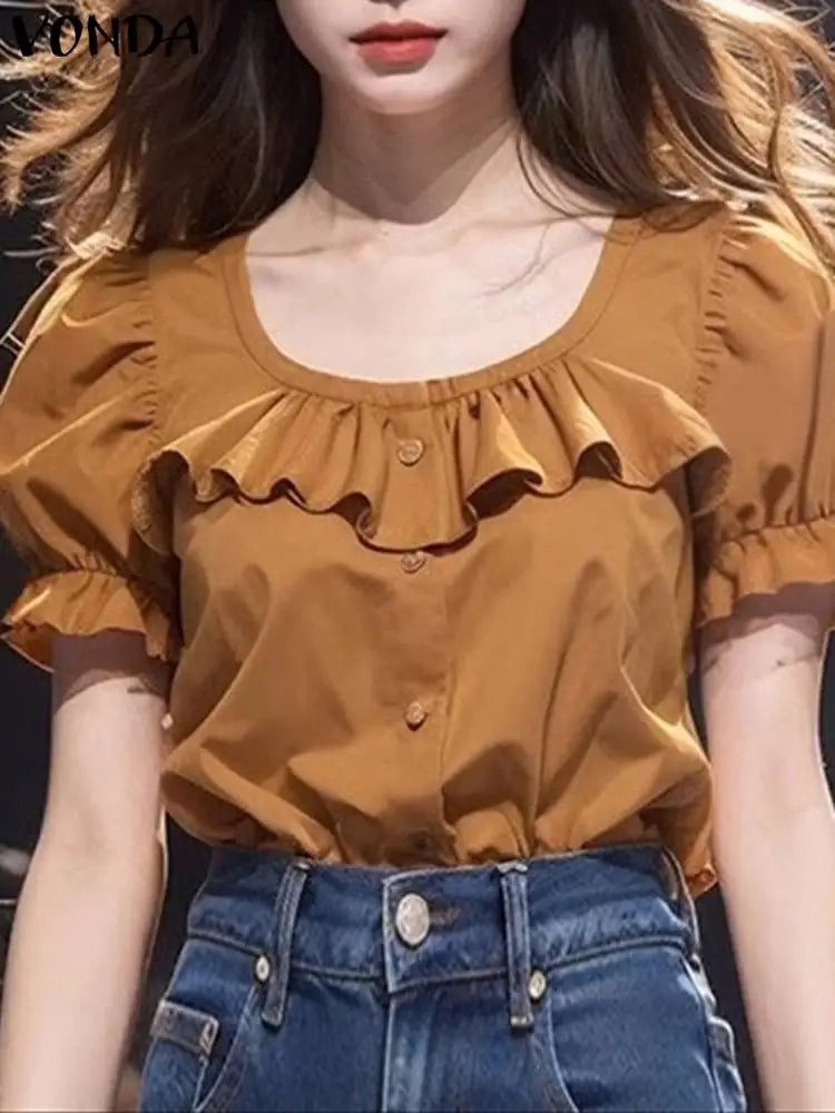 Ruffled Solid Puff Sleeve Casual Tunic Blouse