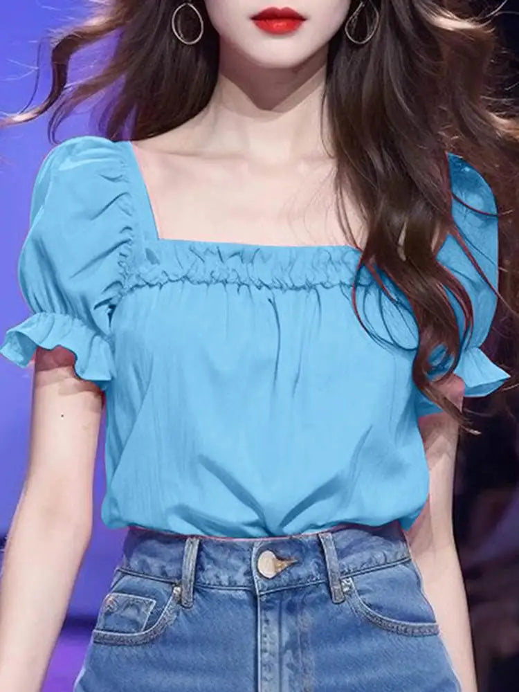 Solid Color Ruffled Square Neck Short Sleeve Blouse