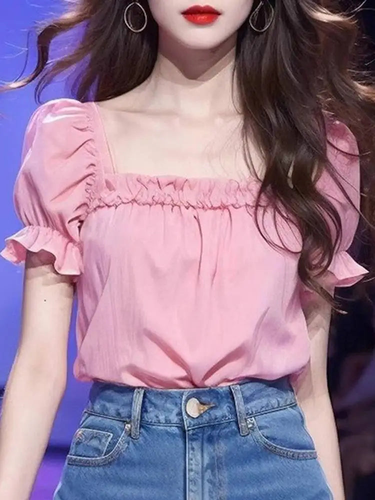 Solid Color Ruffled Square Neck Short Sleeve Blouse