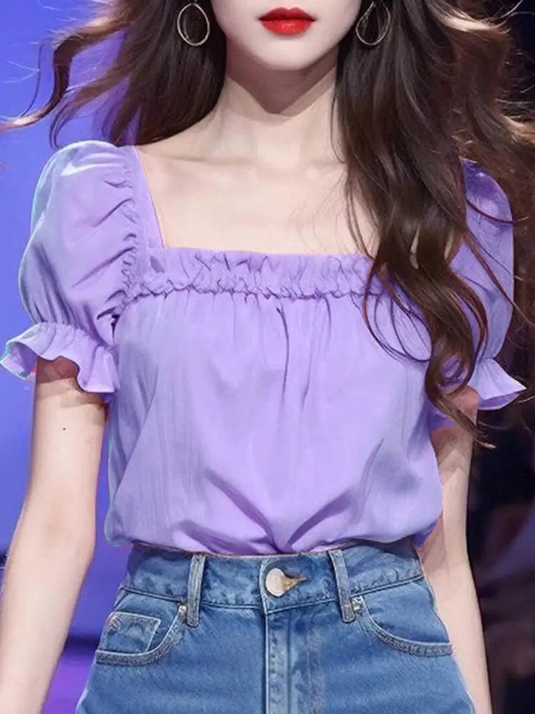 Solid Color Ruffled Square Neck Short Sleeve Blouse