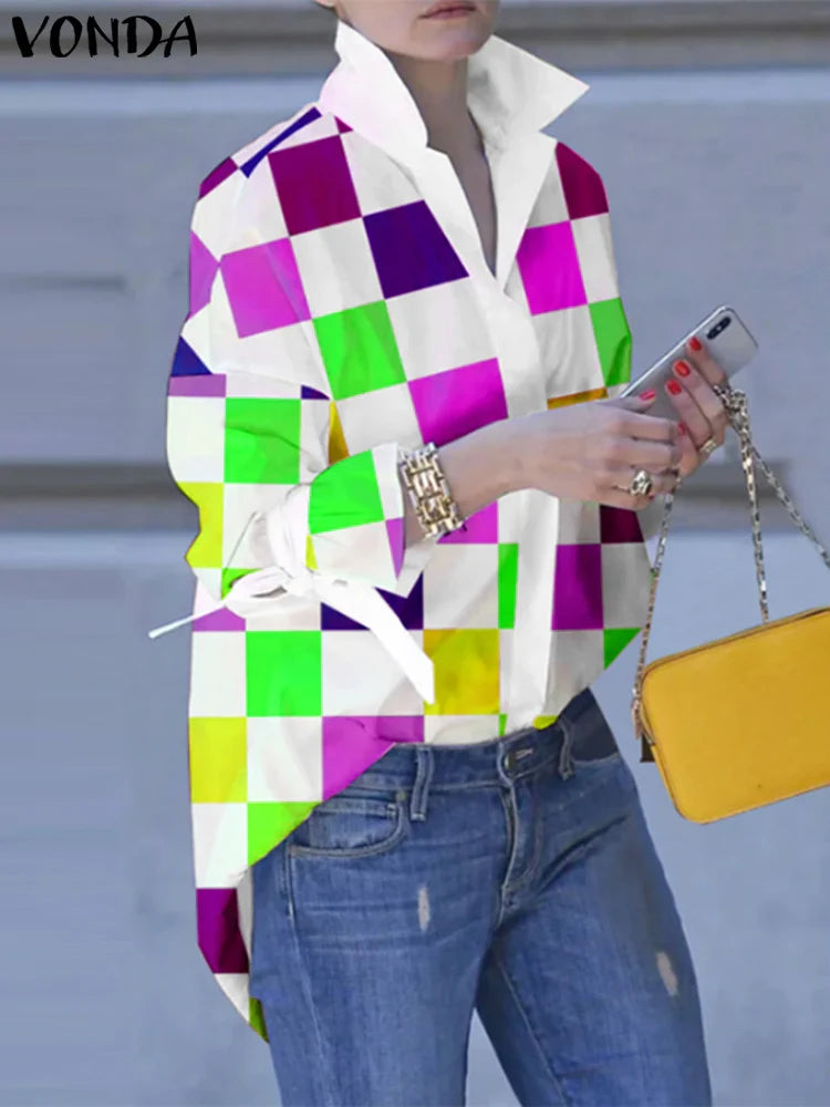 Plus Size Patchwork Plaid Turn-down Collar Blouse