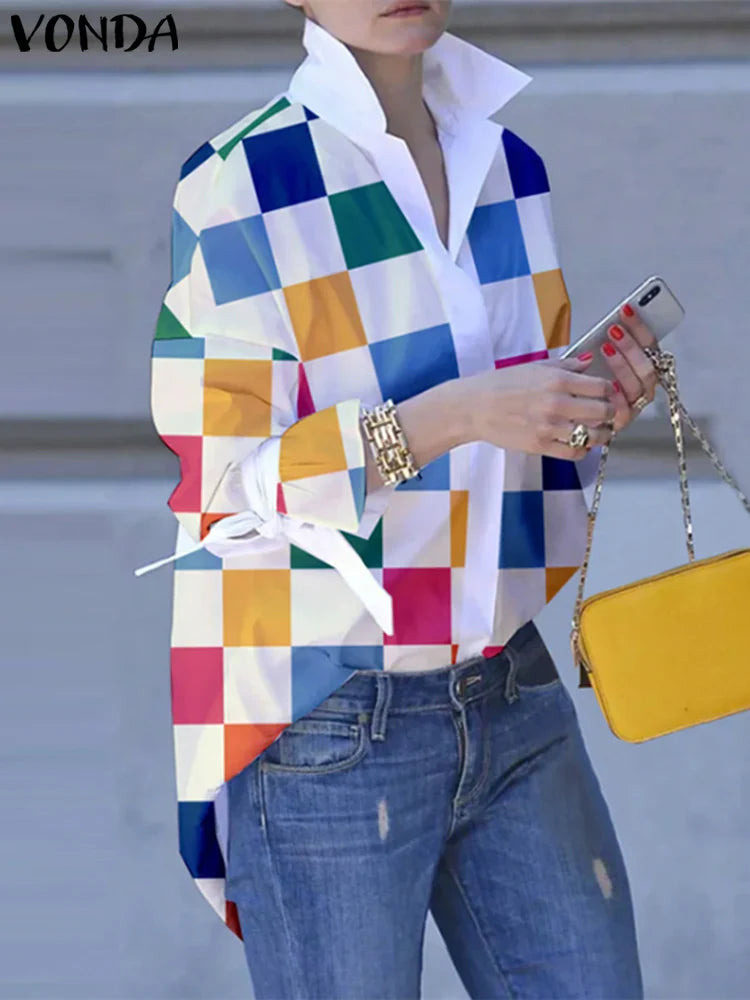 Plus Size Patchwork Plaid Turn-down Collar Blouse