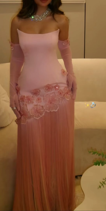 Pretty Pink Strapless Chiffon Appliques Tassel Long Prom Dress Party Dress With Gloves D881