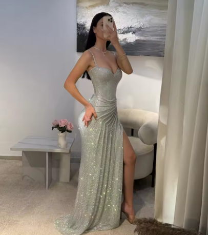 Gorgeous Spaghetti Straps Silver Sequin Side Slit Long Prom Dress Evening Dress D691