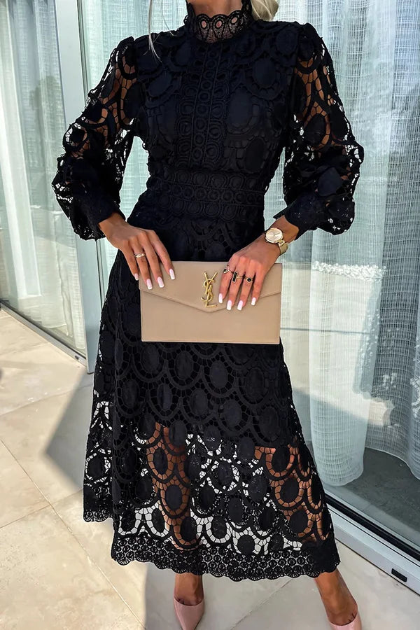 Guipure Lace Mock Neck Puff Sleeve Scallop Hem A-Line Midi Dress - View 3