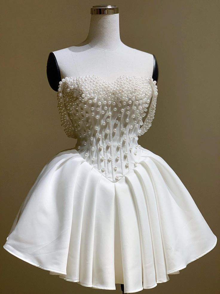 Classy Off The Shoulder Pearl Beaded Short Prom Dress White Formal Graduation Homecoming Dress D027