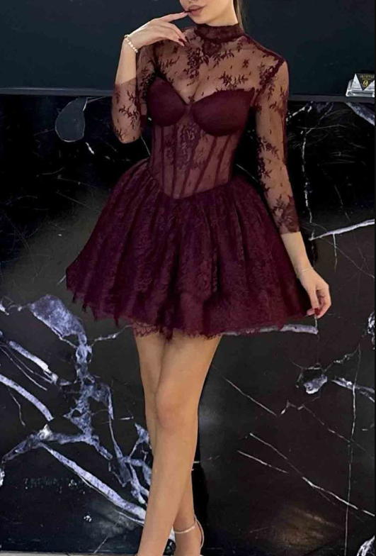 Vintage Burgundy Lace 3/4 Sleeves Short Prom Dress Formal 6th Grade Homecoming Dress D304