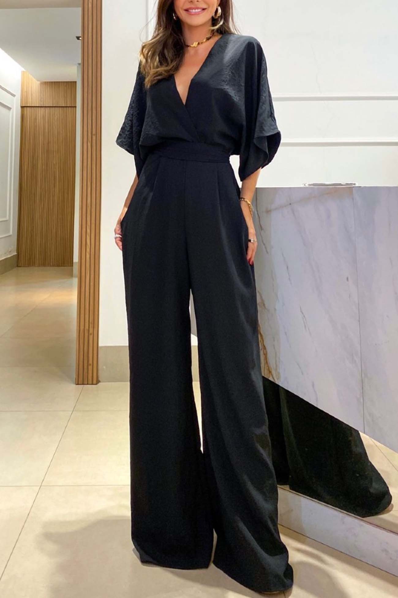 V Neck Batwing Sleeve Back Tie Jumpsuits - Fashionpara