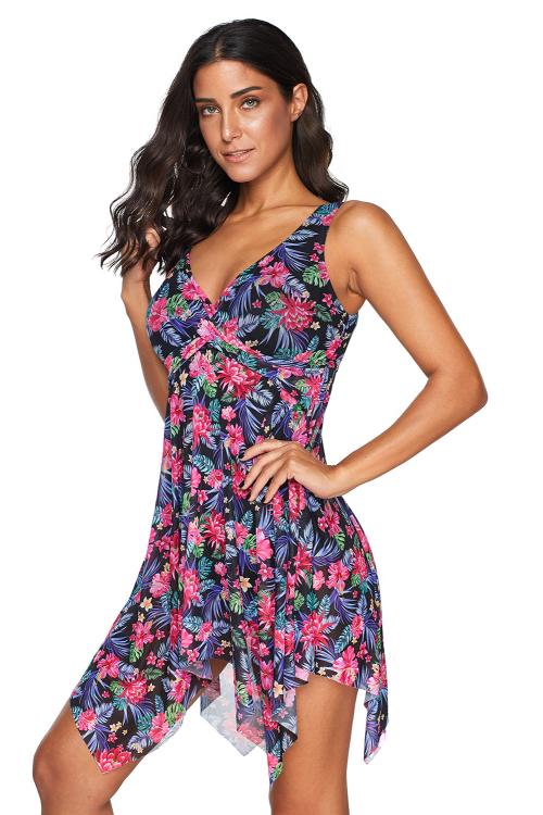 V Neck Floral Swimdress One Piece Swimsuit