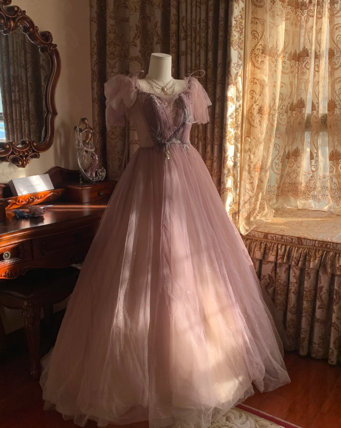 Sweet Tulle Sequin Beaded Ball Gown Pink Long Evening Dress Birthday Party Dress D1773