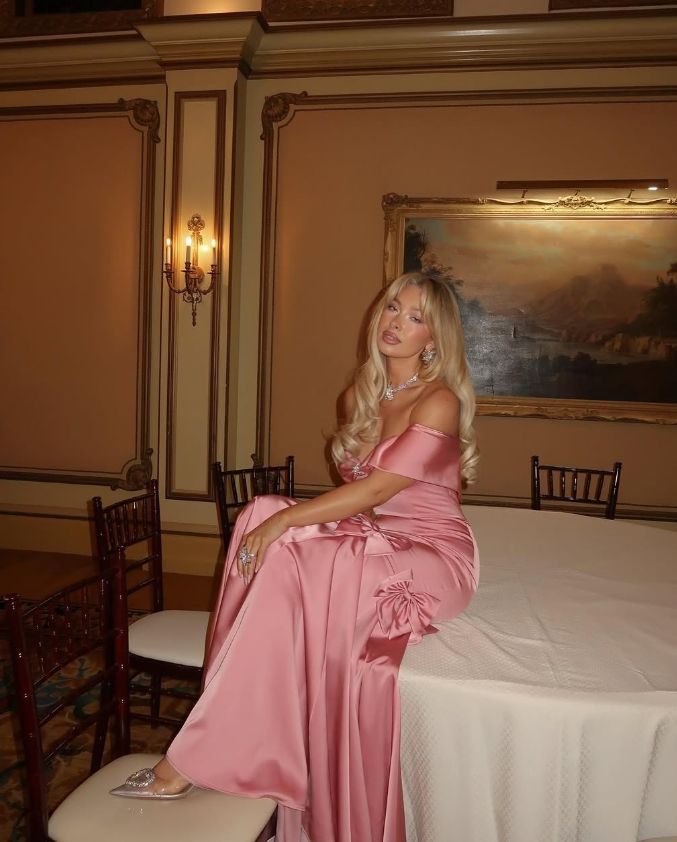 Sweet Off The Shoulder Mermaid Bow Pink Satin Long Prom Dress Evening Dress D1572