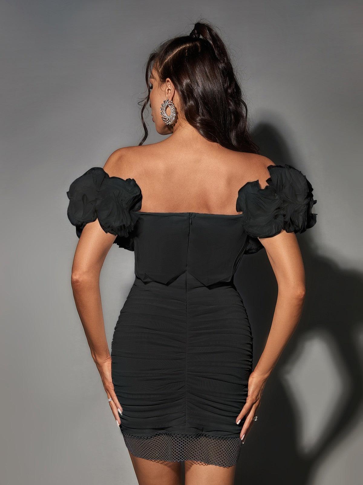 Off Shoulder Ruffle Sleeve Mesh Panel Ruched Bandage Mini Dress - View 5