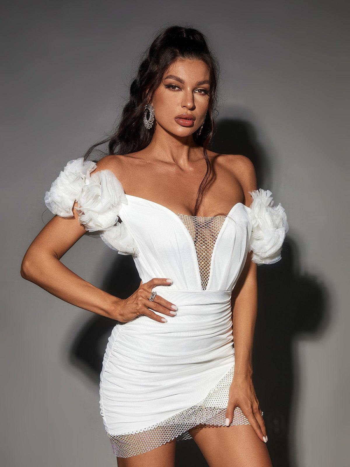 Off Shoulder Rhinestone Mesh Insert Ruffle Flower Mini Dress