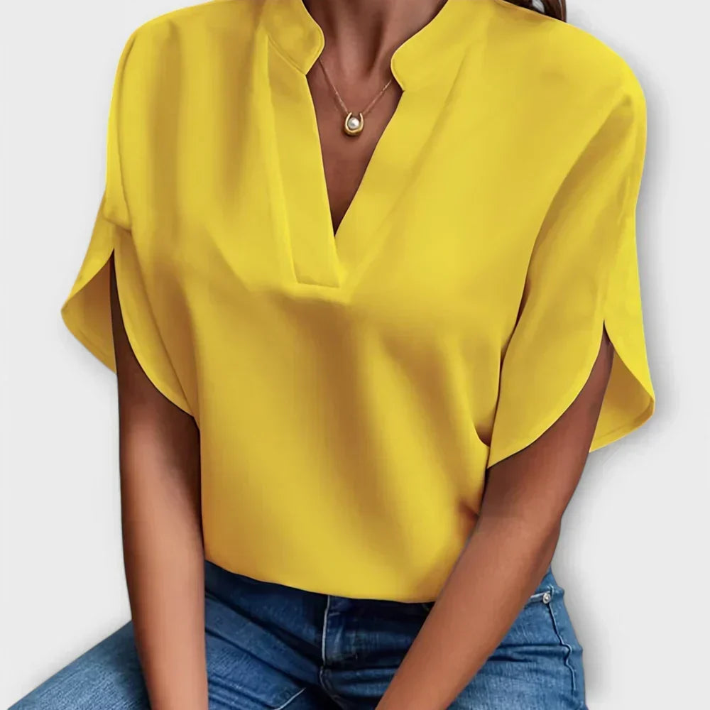 Stand Collar Split Neck Short Sleeve Satin Blouse 10