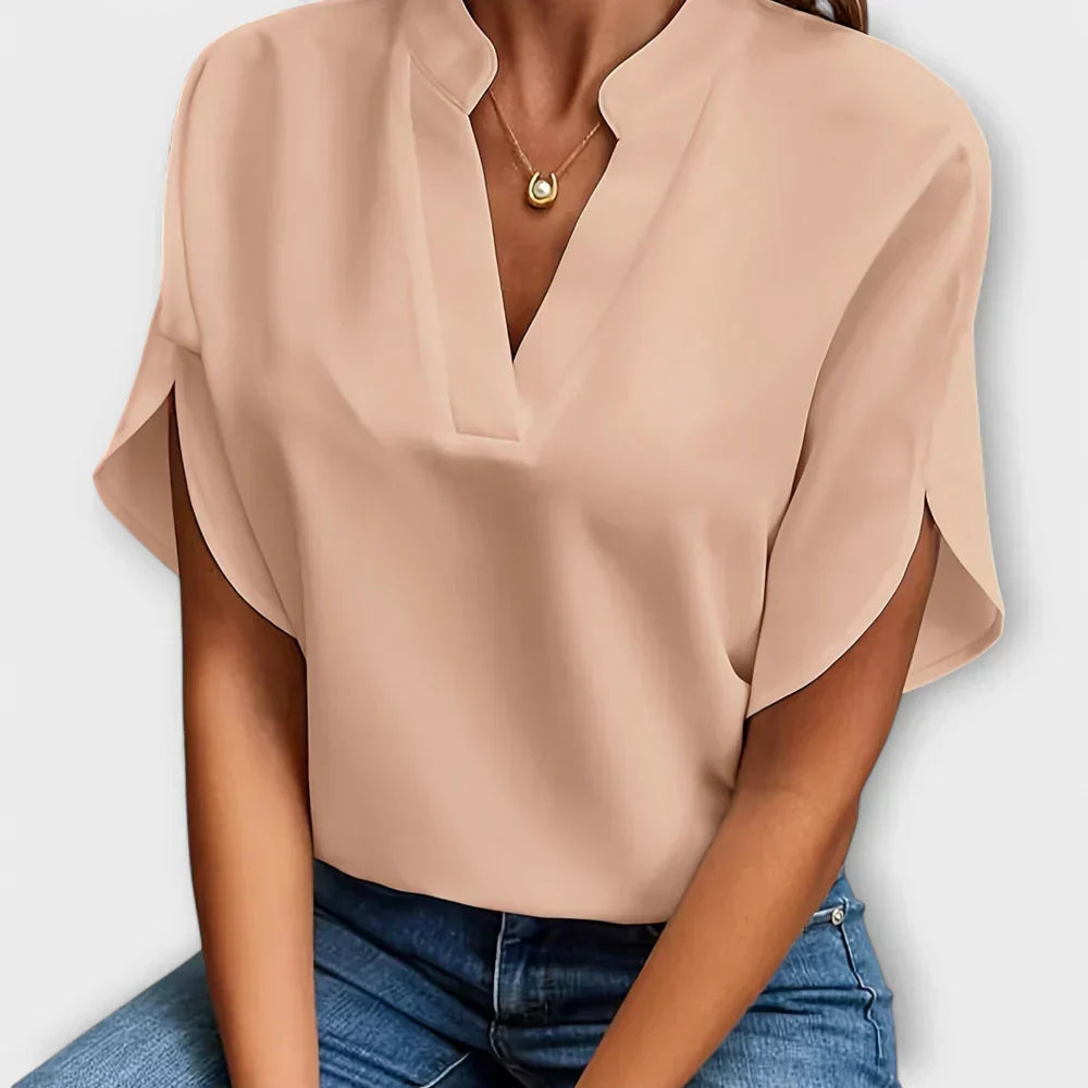 Stand Collar Split Neck Short Sleeve Satin Blouse 5