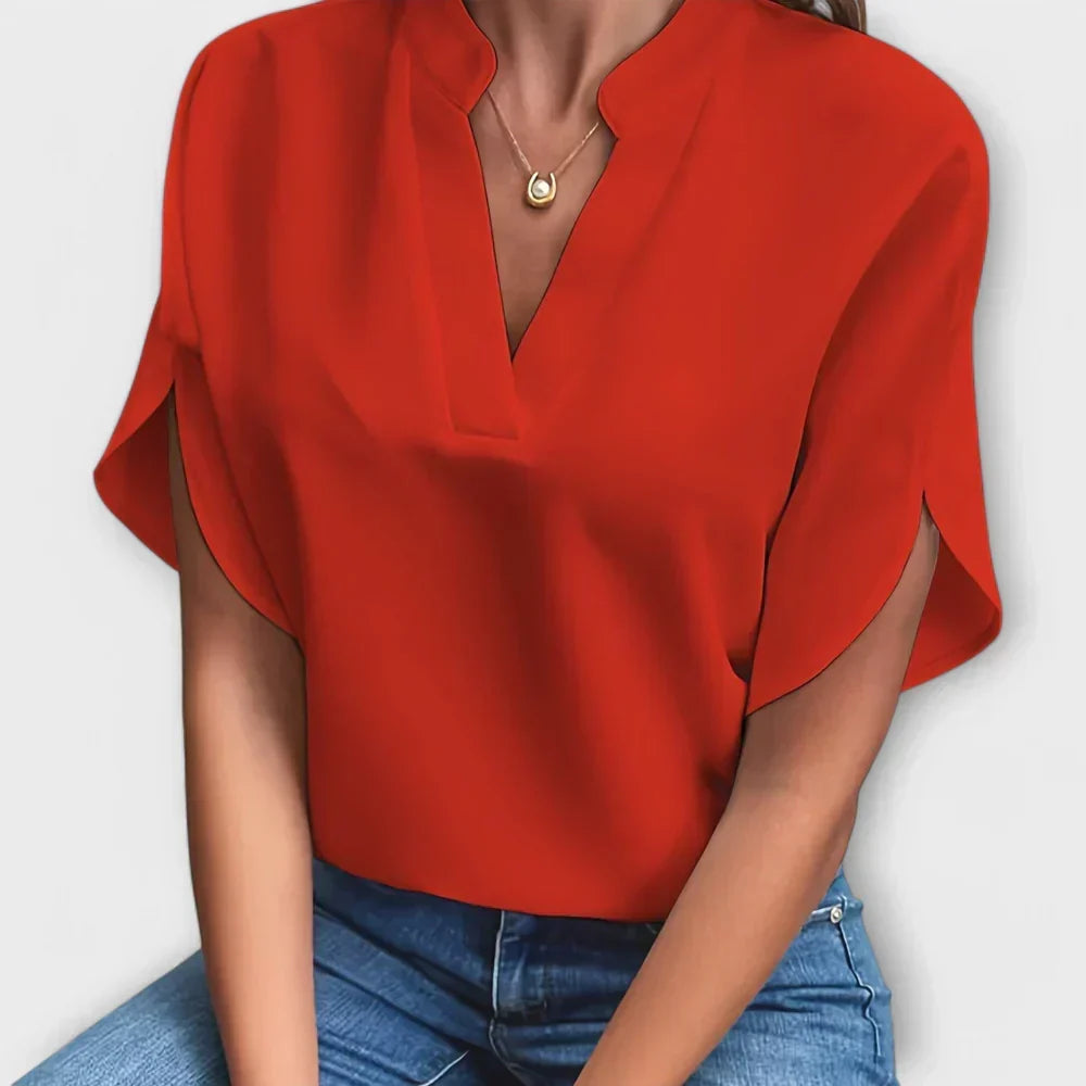 Stand Collar Split Neck Short Sleeve Satin Blouse 8