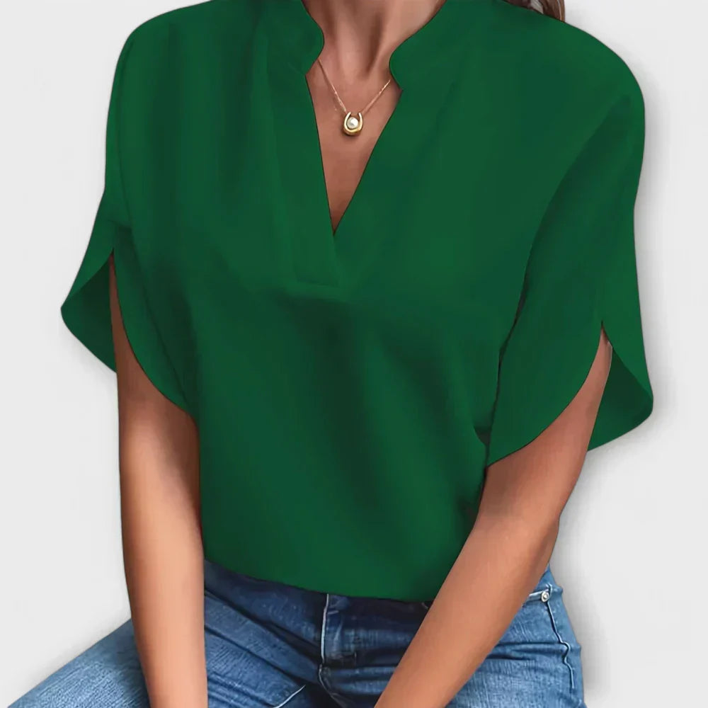 Stand Collar Split Neck Short Sleeve Satin Blouse 9