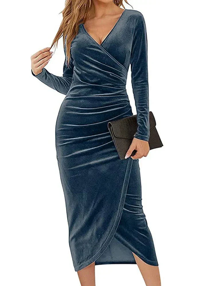 Velvet Deep V-Neck Long Sleeve Ruched High Split Bodycon Midi Dress - View 11