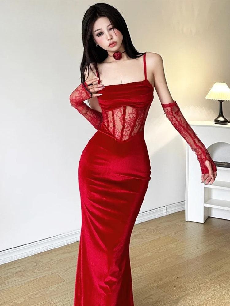 Velvet Lace Corset Spaghetti-Strap Mermaid Maxi Dress 2