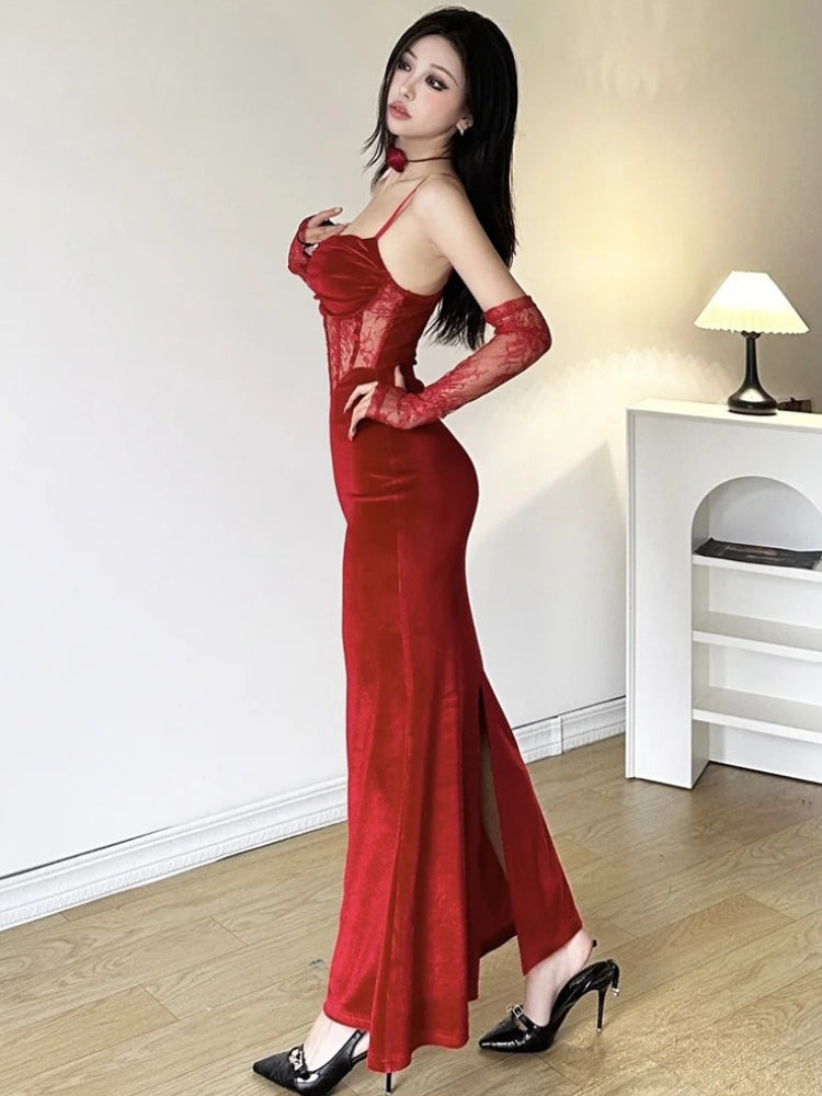 Velvet Lace Corset Spaghetti-Strap Mermaid Maxi Dress 3
