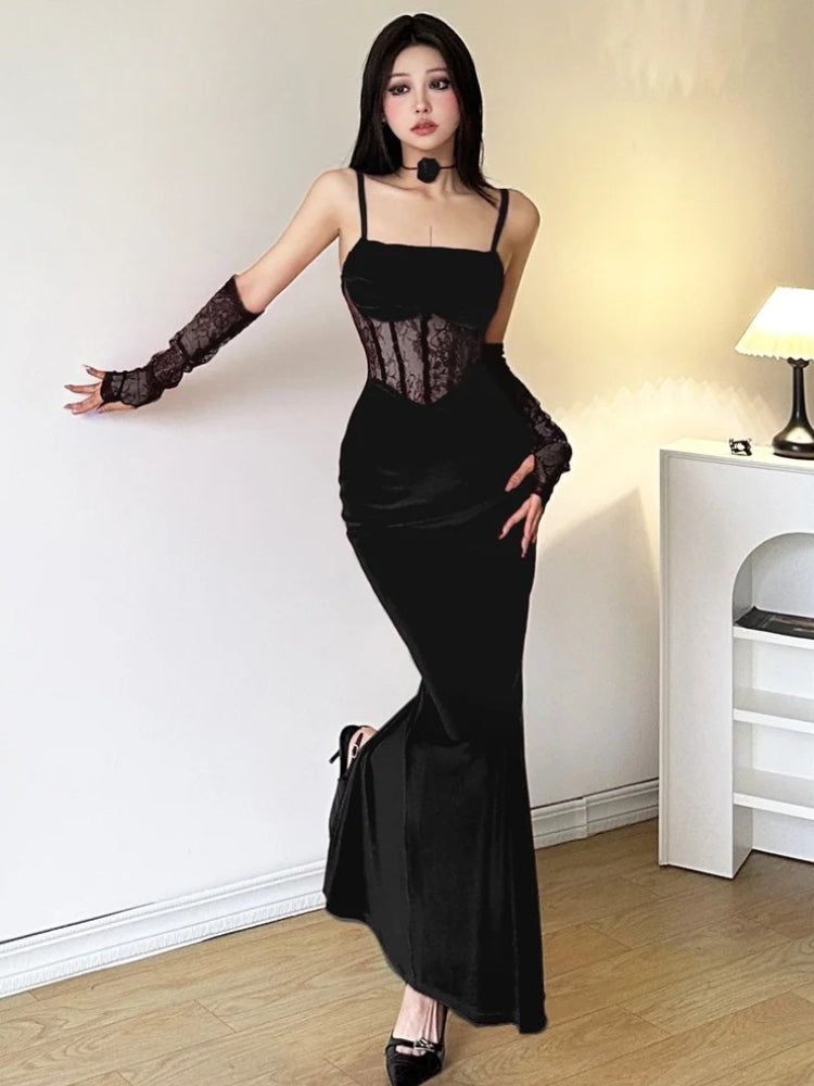 Velvet Lace Corset Spaghetti-Strap Mermaid Maxi Dress 5