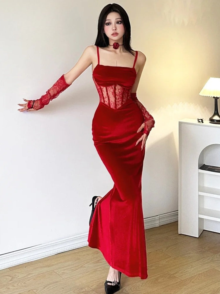Velvet Lace Corset Spaghetti-Strap Mermaid Maxi Dress