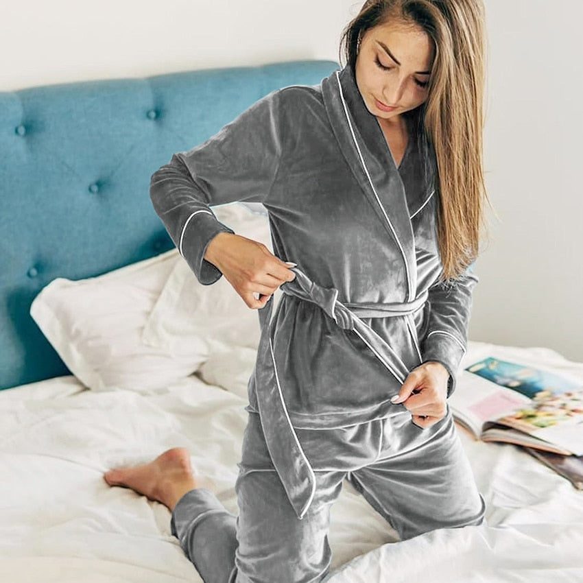 Velvet Warm Solid Pocket Long Sleeves Nightgown