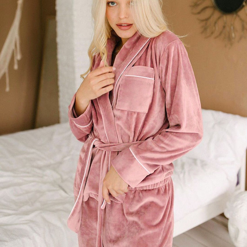 Velvet Warm Solid Pocket Long Sleeves Nightgown 2