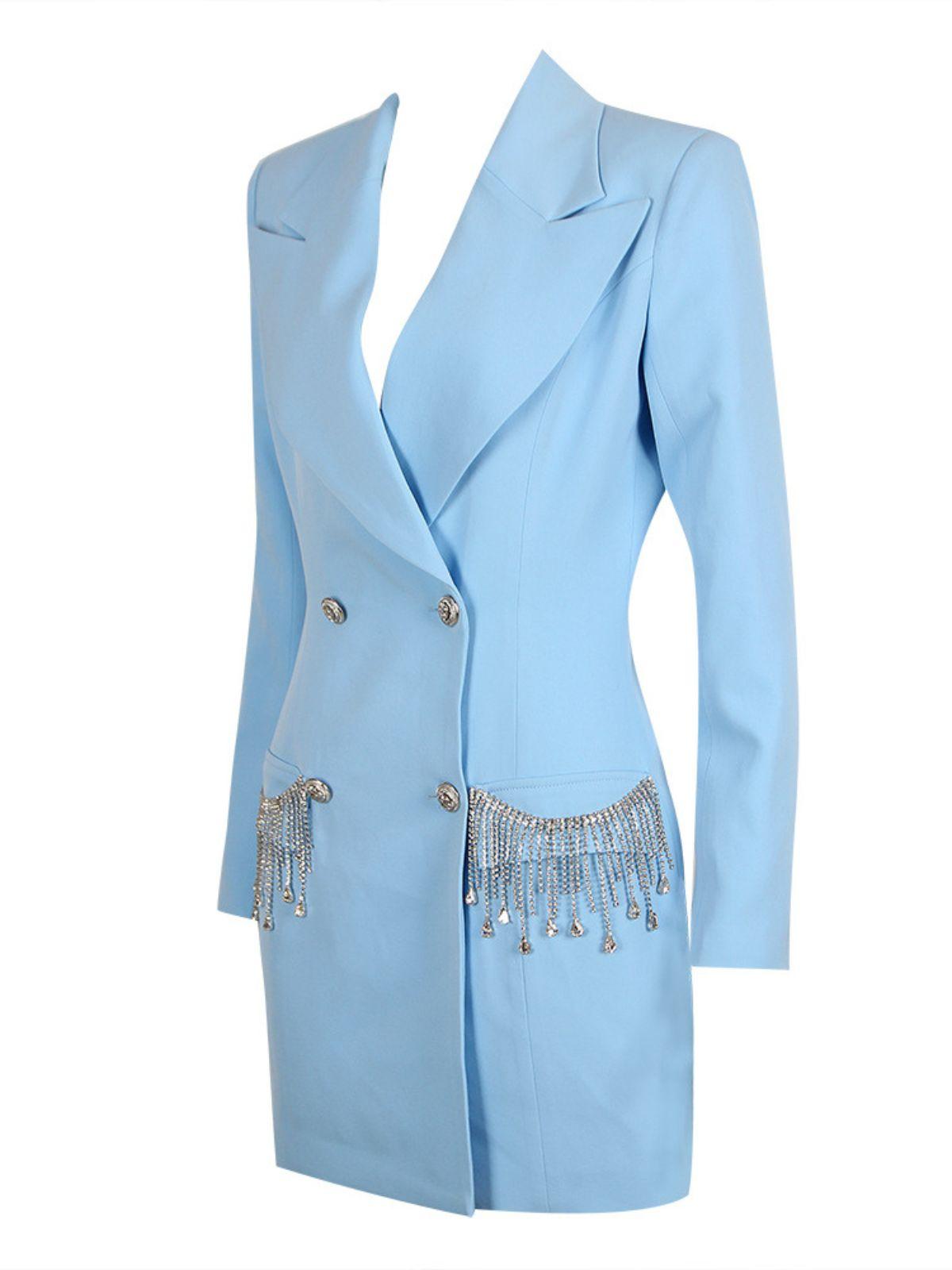 Rhinestone Fringe Double Breasted Long Sleeve Blazer Mini Dress - View 7