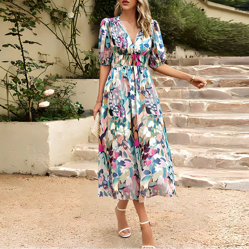 Floral Print V-Neck Puff Sleeve Ruched Waist A-Line Midi Dress - View 8