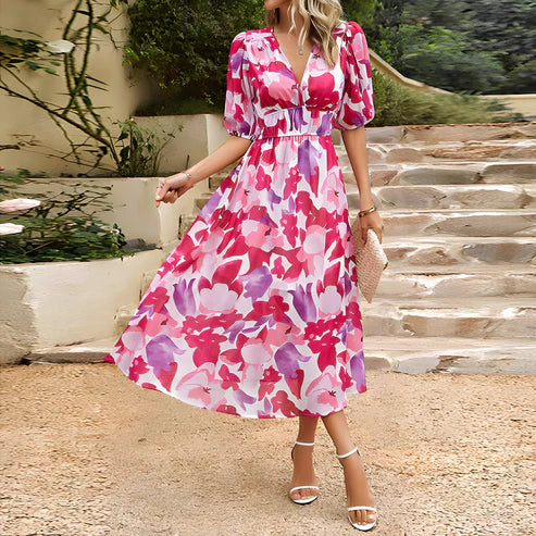 Floral Print V-Neck Puff Sleeve Ruched Waist A-Line Midi Dress - View 7