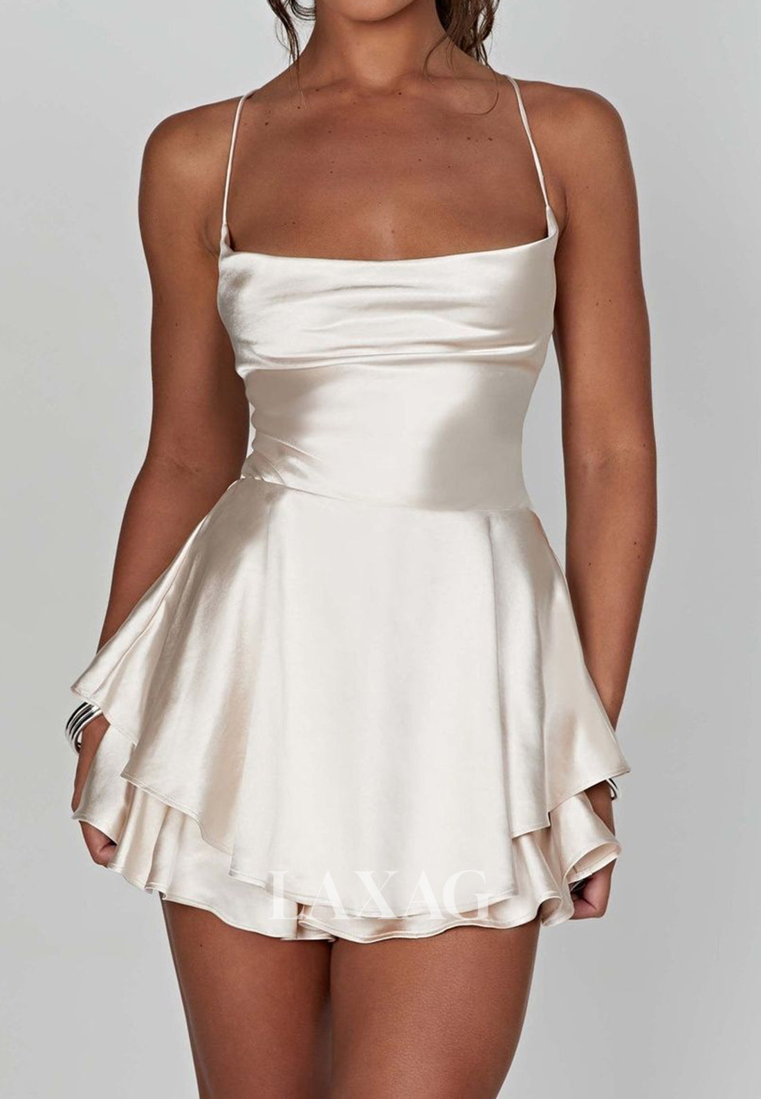 Spaghetti Straps Scoop-Neck Sleeveless Pleated Satin A-Line Party Homecoming Dress