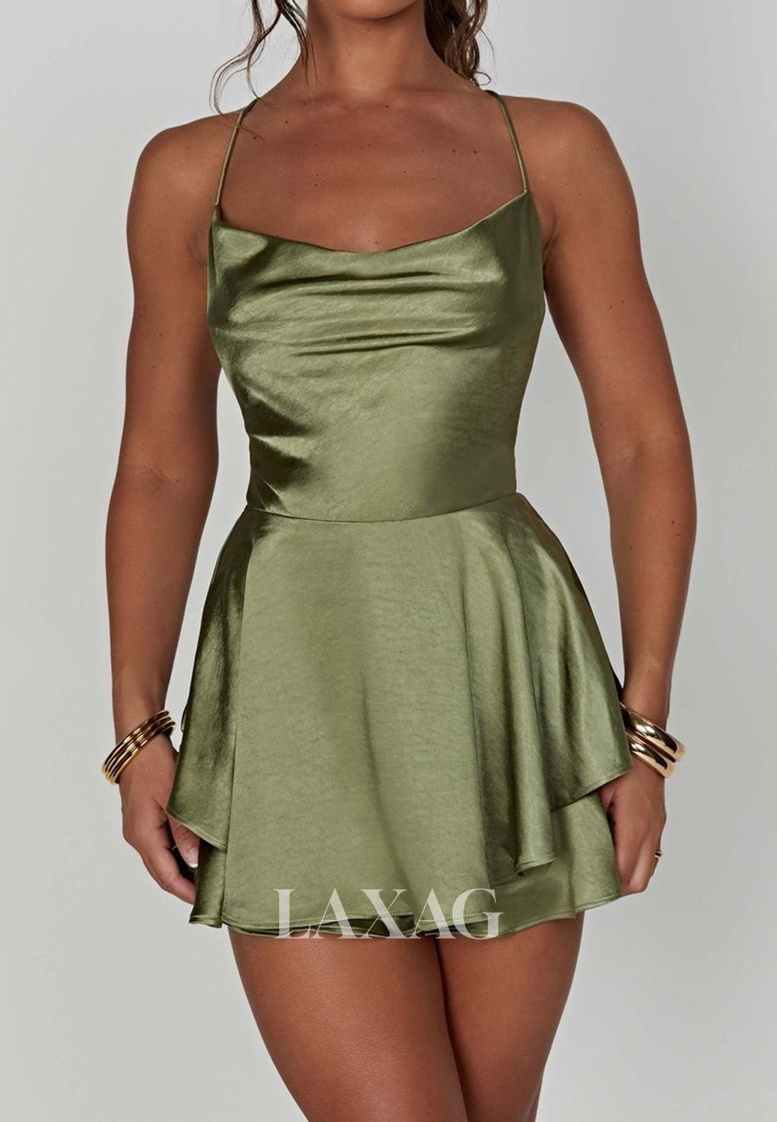 Spaghetti Straps Scoop-Neck Sleeveless Pleated Satin A-Line Party Homecoming Dress