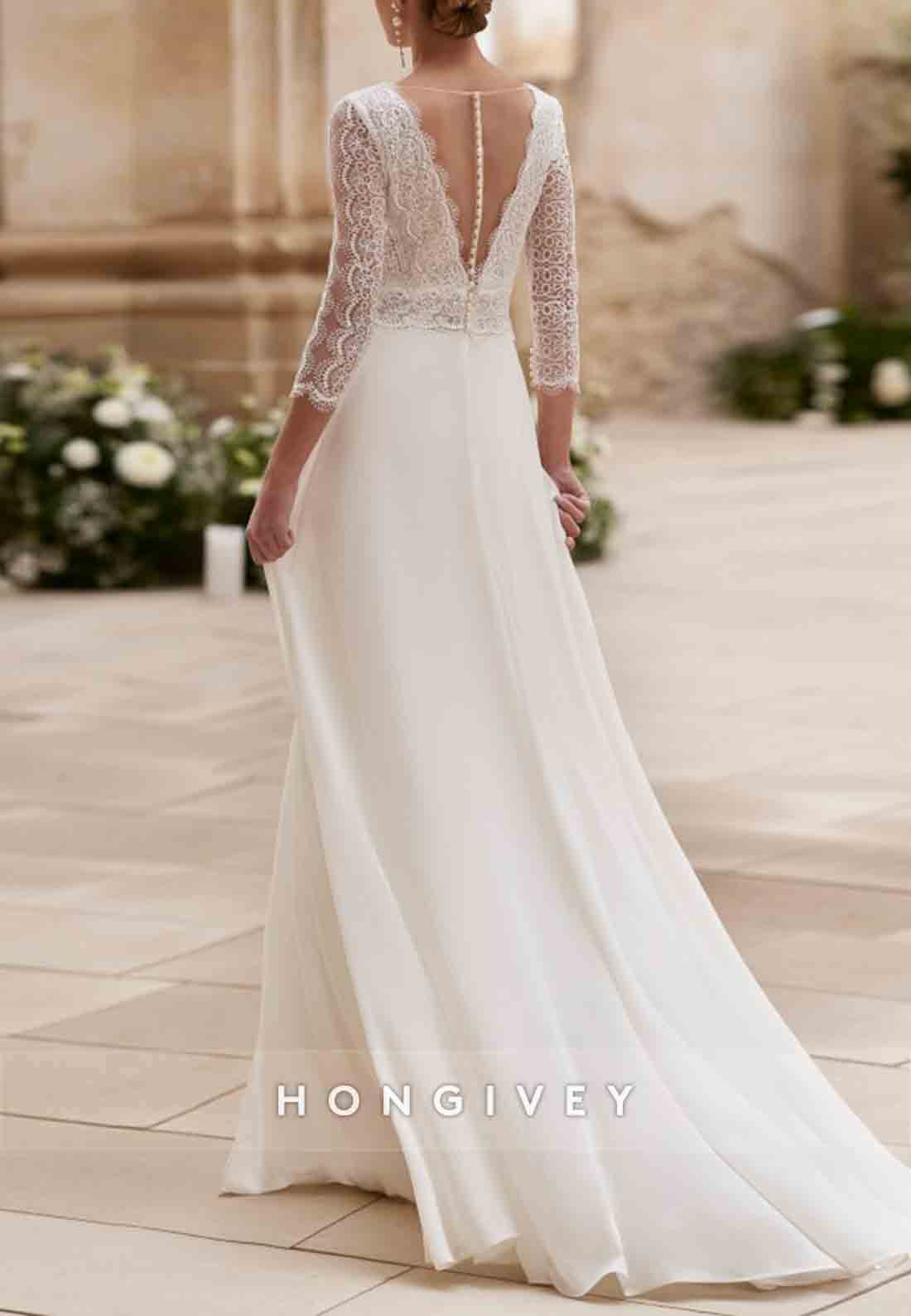 Lace 3/4 Sleeve Jumpsuit Floor-Length V Back Wedding Dresses