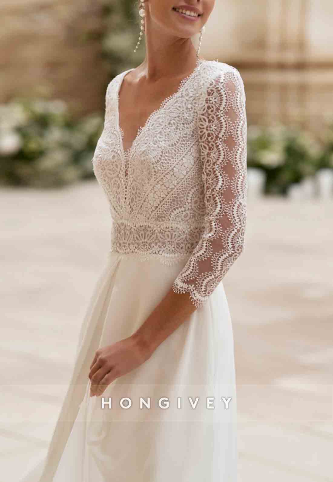 Lace 3/4 Sleeve Jumpsuit Floor-Length V Back Wedding Dresses