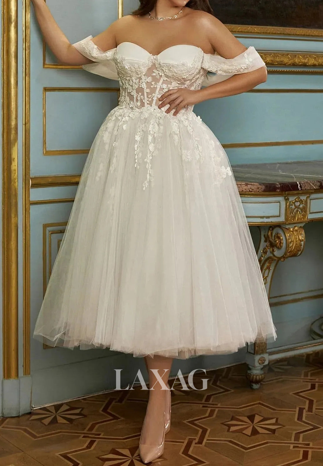 Off-Shoulder Sweetheart Sleeveless Lace Applique Pleated Tulle Tea-Length A-Line Wedding Dress