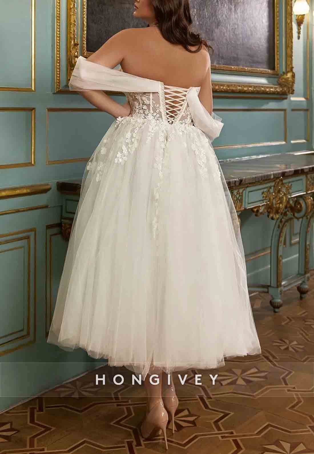 Off the Shoulder Princess Sweetheart Tulle Tea-Length Lace Wedding Dresses