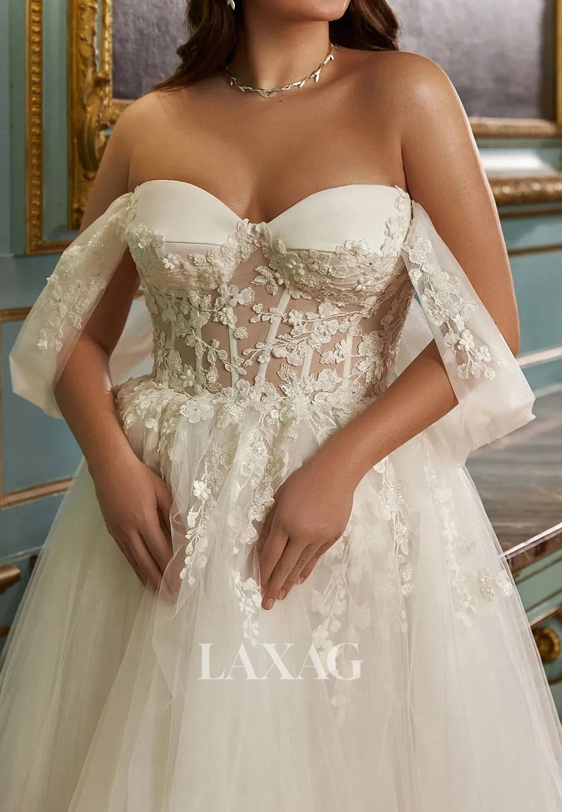 Off-Shoulder Sweetheart Sleeveless Lace Applique Pleated Tulle Tea-Length A-Line Wedding Dress