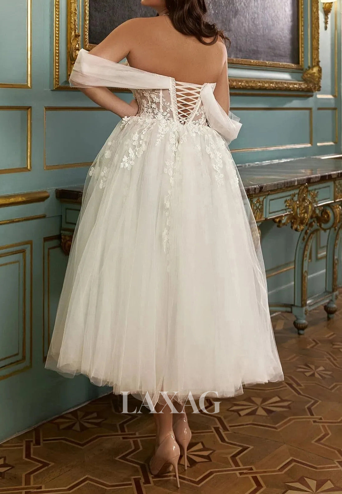 Off-Shoulder Sweetheart Sleeveless Lace Applique Pleated Tulle Tea-Length A-Line Wedding Dress