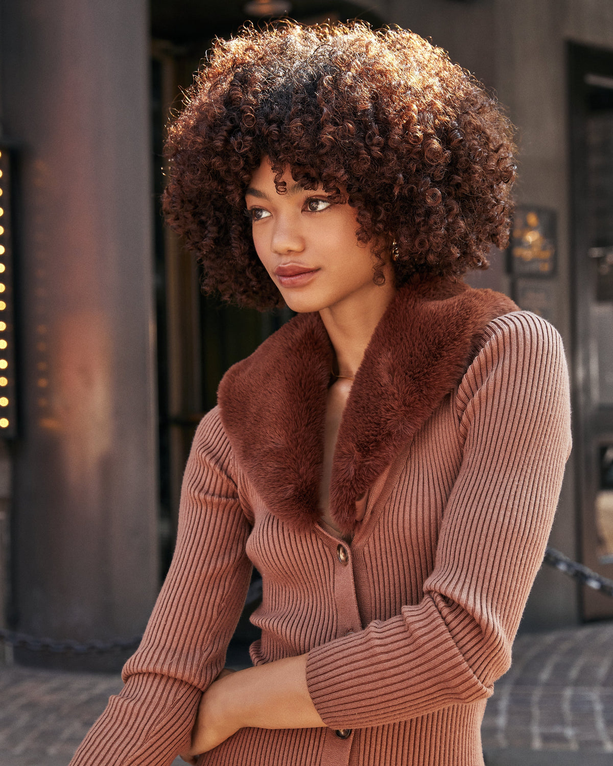 Ribbed Knit Faux Fur Collar Button Front Sweater Midi Dress