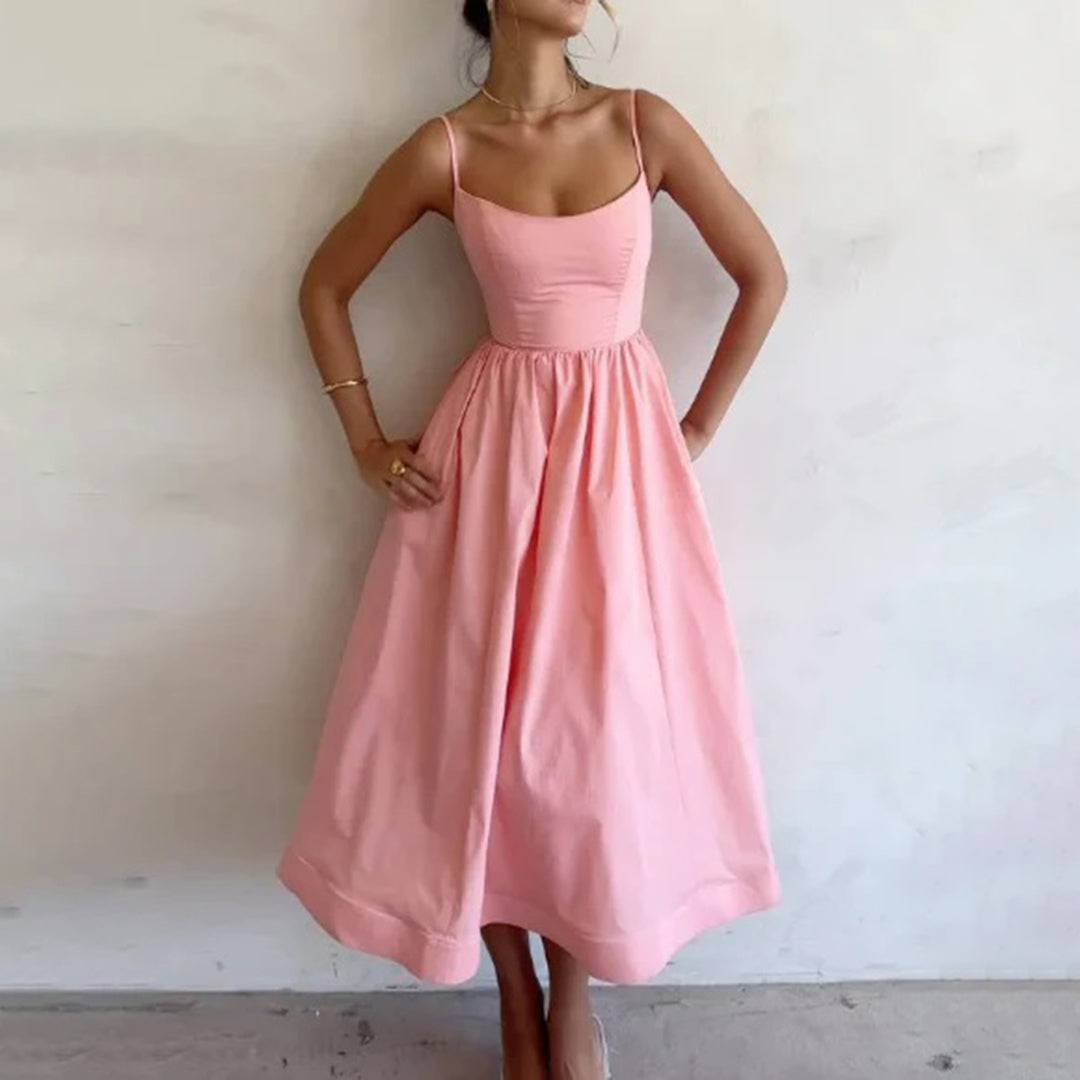 Spaghetti Strap Scoop Neck Gathered Fit and Flare Midi Dress