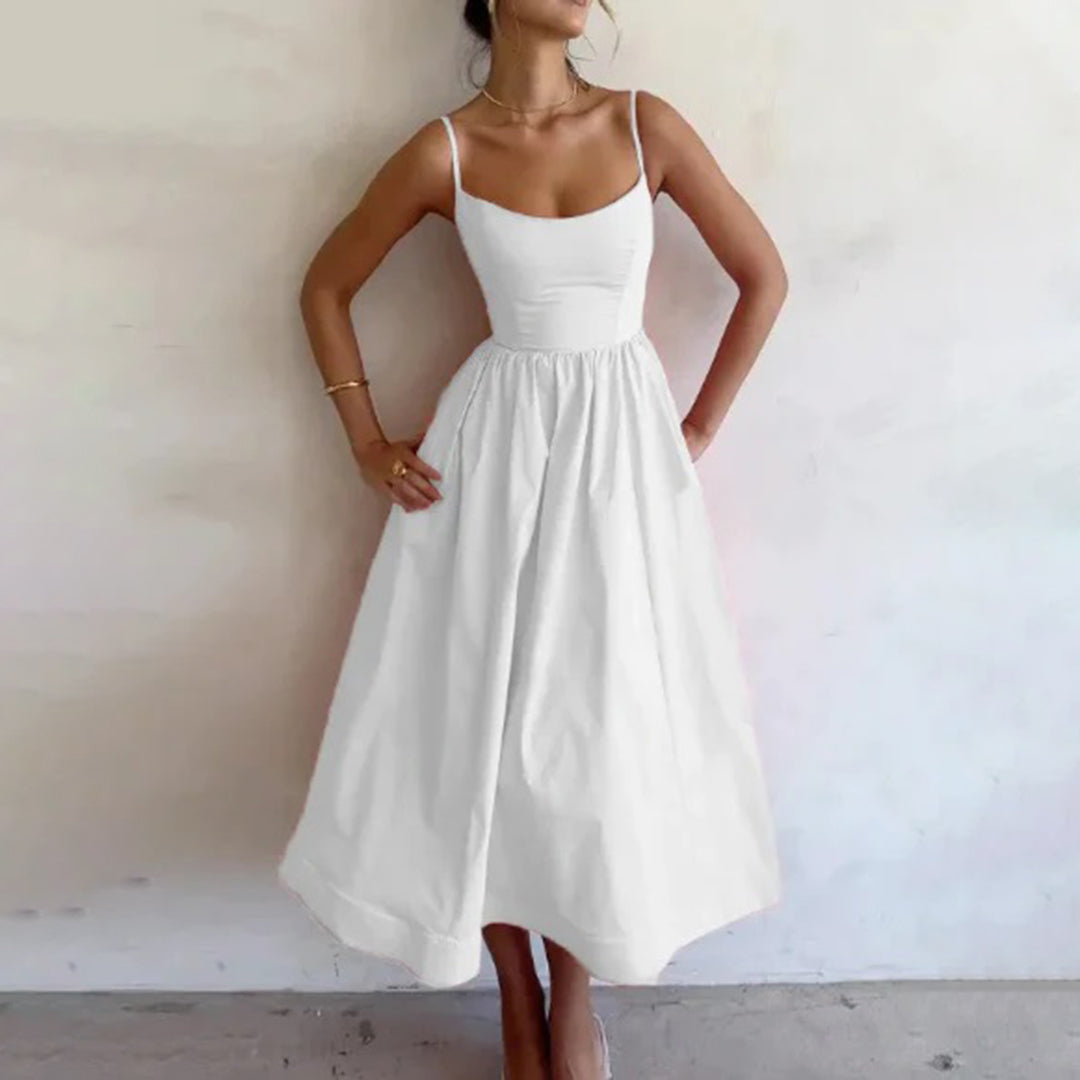 Spaghetti Strap Scoop Neck Gathered Fit and Flare Midi Dress - View 3