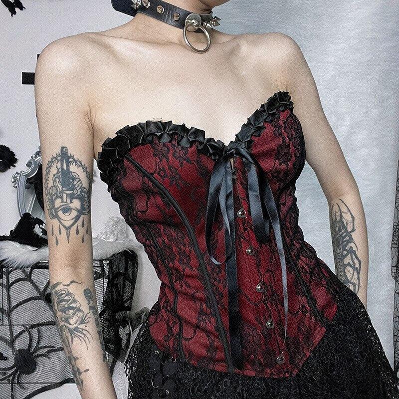 Victorian Goth Ribbon Detailed Corset Top - Fashionpara