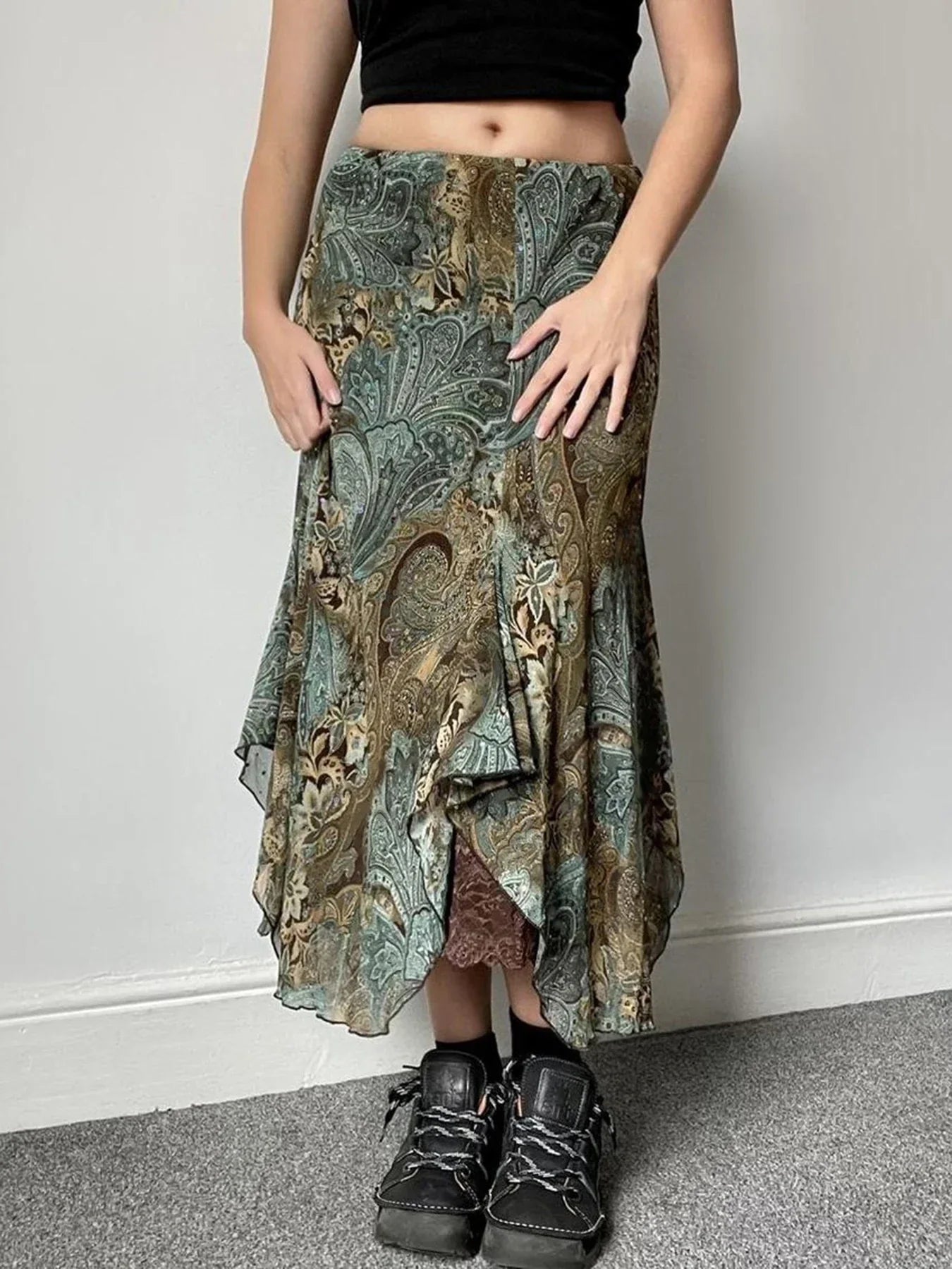 Aesthetic Floral Print Asymmetrical Boho Vacation Lace Skirt