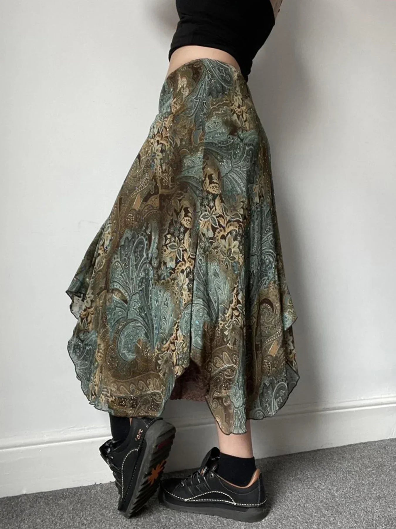 Aesthetic Floral Print Asymmetrical Boho Vacation Lace Skirt