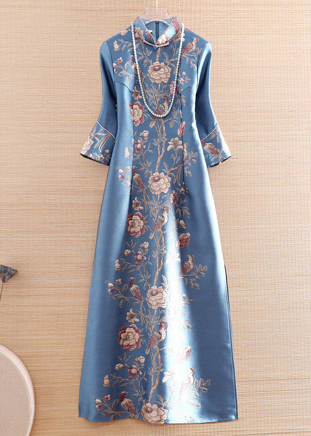 Mandarin Collar Bell Sleeve Floral Bird Print Side Slit Maxi Gown